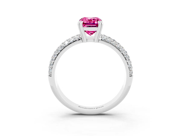 Silver Emerald Cut Pink Sapphire Vintage Milgrain Ring with Round  Stations