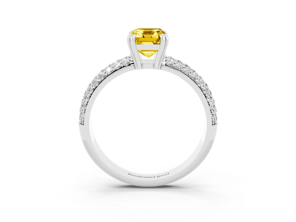 White gold Emerald Cut Yellow Sapphire Vintage Milgrain Ring with Round  Stations