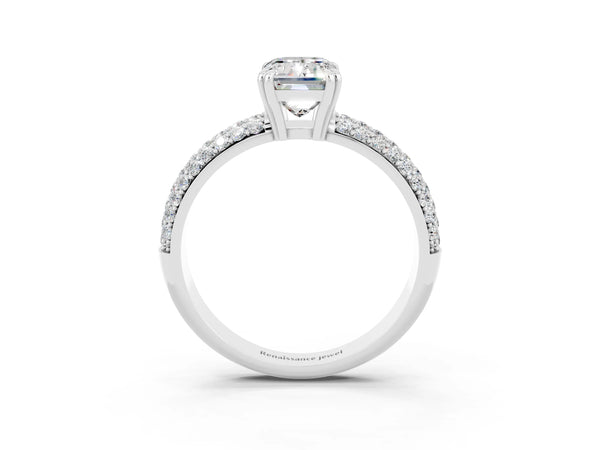 Silver Emerald Cut Moissanite Vintage Milgrain Ring with Round  Stations