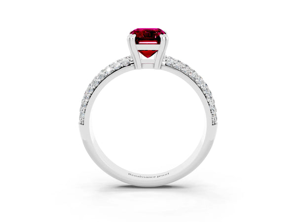Silver Emerald Cut Garnet Vintage Milgrain Ring with Round  Stations