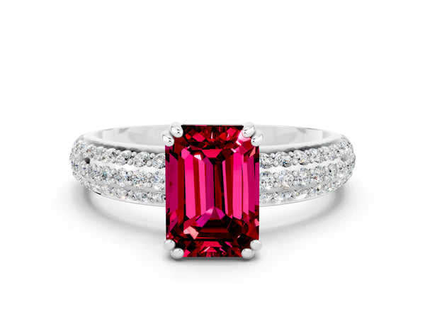 Silver Emerald Cut Garnet Vintage Milgrain Ring with Round  Stations