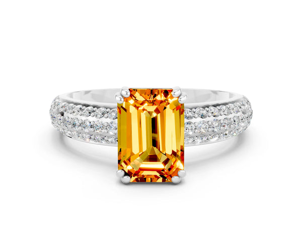 White gold Emerald Cut Citrine Vintage Milgrain Ring with Round  Stations