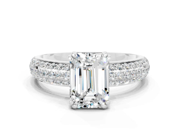 White gold Emerald Cut Moissanite Vintage Milgrain Ring with Round  Stations