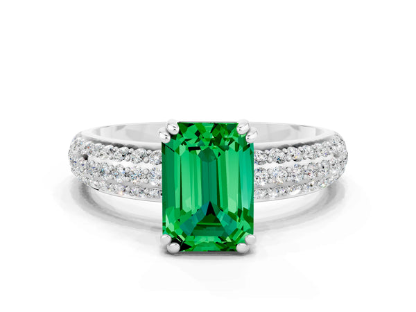 White gold Emerald Cut Emerald Vintage Milgrain Ring with Round  Stations