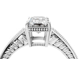 White gold Emerald Cut Cut Diamond Milgrain Pave Band Four-Prong Setting Ring_11