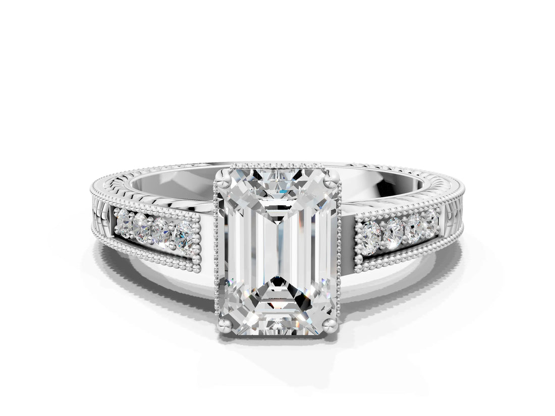 White gold Emerald Cut Cut Diamond Milgrain Pave Band Four-Prong Setting Ring_7