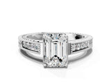 White gold Emerald Cut Cut Diamond Milgrain Pave Band Four-Prong Setting Ring_7