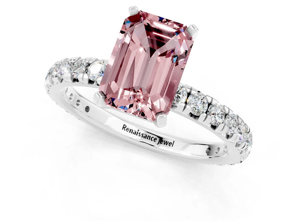 Silver Emerald Cut Cut Diamond Pavé Band with Four-Prong Setting