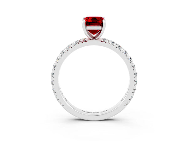 White gold Emerald Cut Cut Diamond Pavé Band with Four-Prong Setting