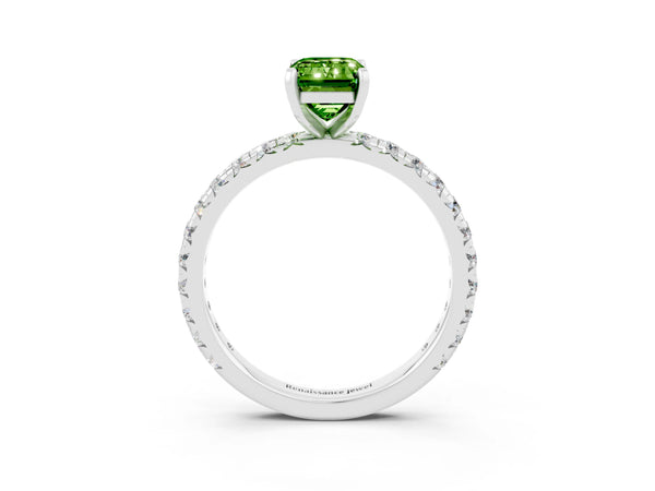 Platinum Emerald Cut Cut Diamond Pavé Band with Four-Prong Setting