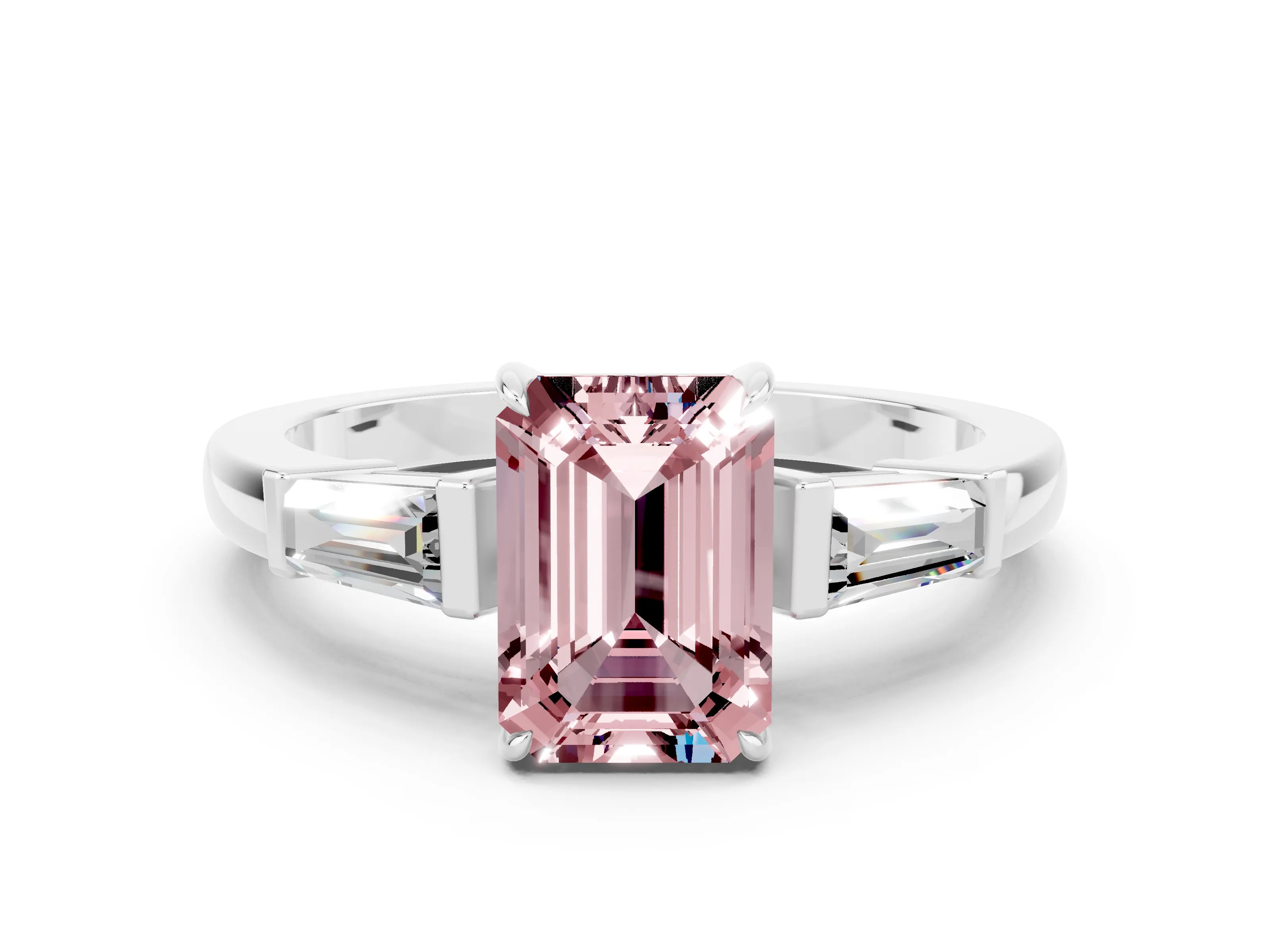 White gold Emerald Cut Cut Diamond Ring with Tapered Baguette Side Stones in Four-Prong Setting
