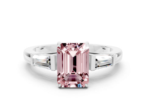 White gold Emerald Cut Cut Diamond Ring with Tapered Baguette Side Stones in Four-Prong Setting