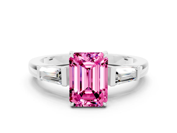 Silver Emerald Cut Pink Sapphire Three-Stone Ring with Tapered Baguette Side Stones and Prong Setting