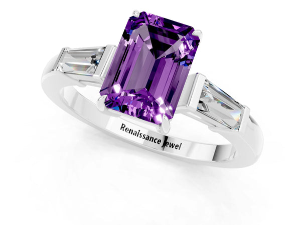 Silver Emerald Cut Amethyst Three-Stone Ring with Tapered Baguette Side Stones and Prong Setting