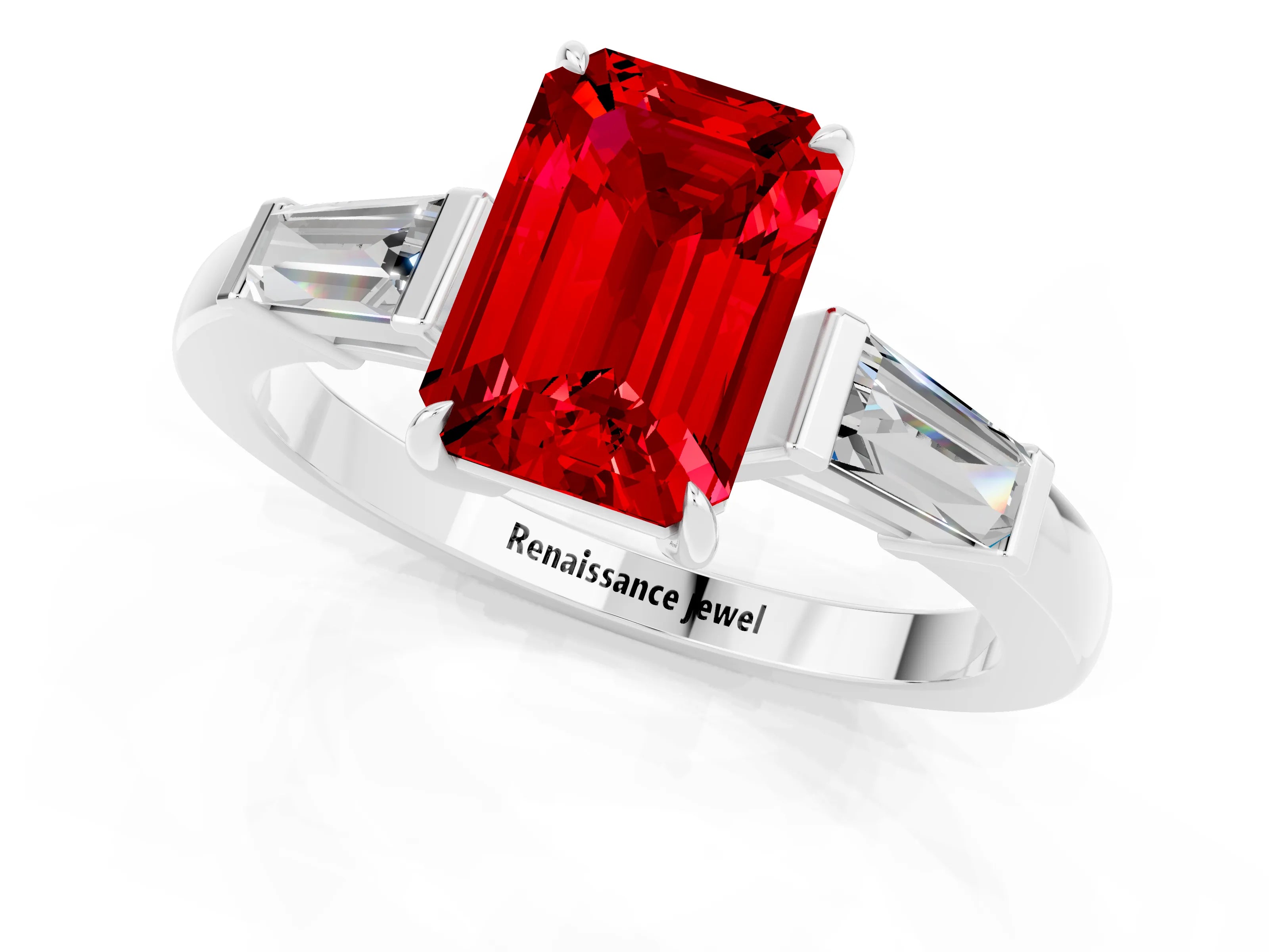 White gold Emerald Cut Cut Diamond Ring with Tapered Baguette Side Stones in Four-Prong Setting_1
