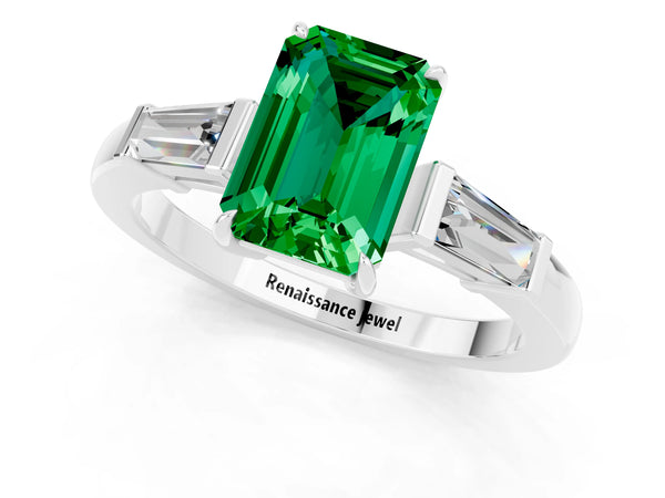 Silver Emerald Cut Emerald Three-Stone Ring with Tapered Baguette Side Stones and Prong Setting