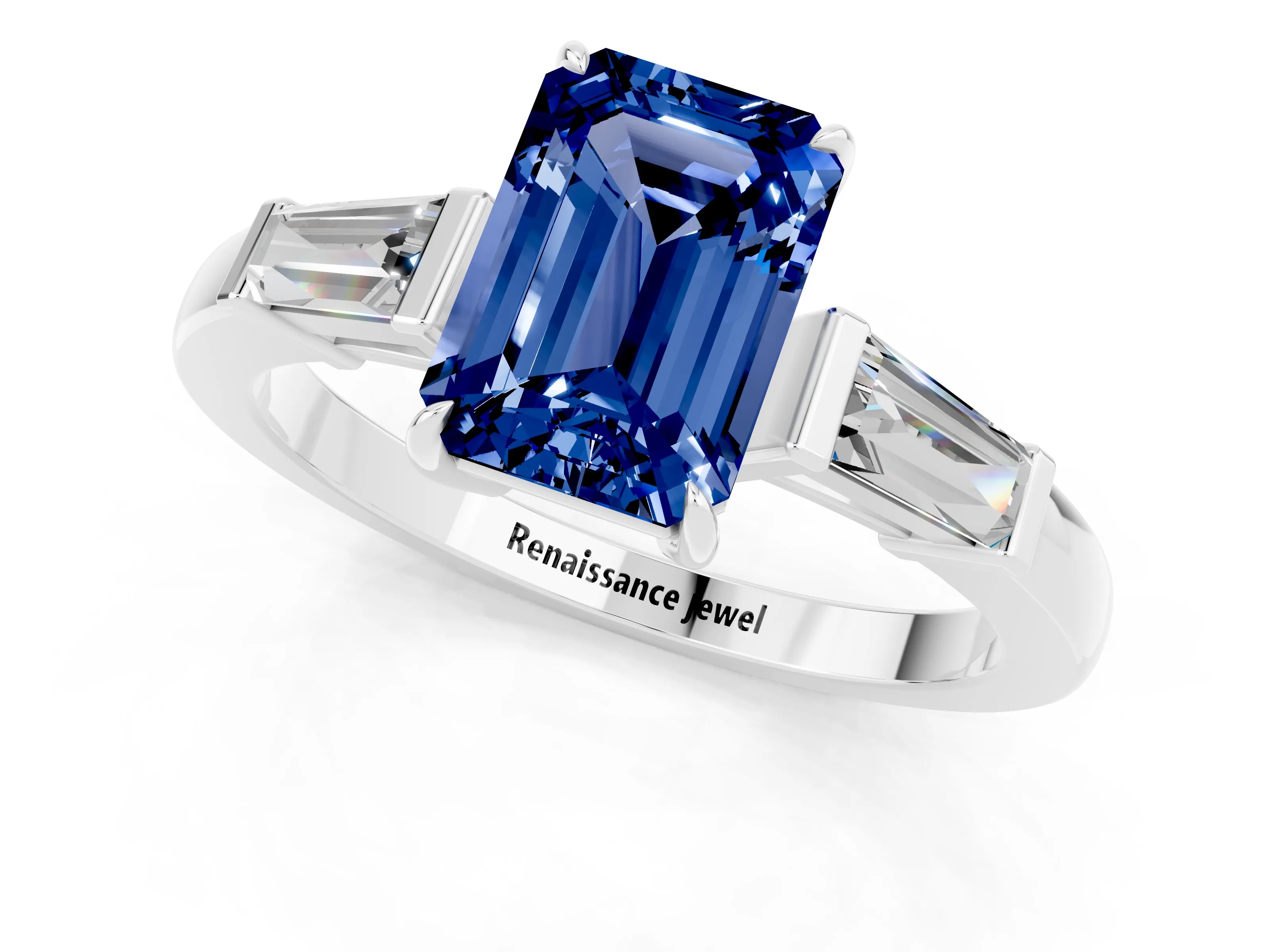 White gold Emerald Cut Cut Diamond Ring with Tapered Baguette Side Stones in Four-Prong Setting_1