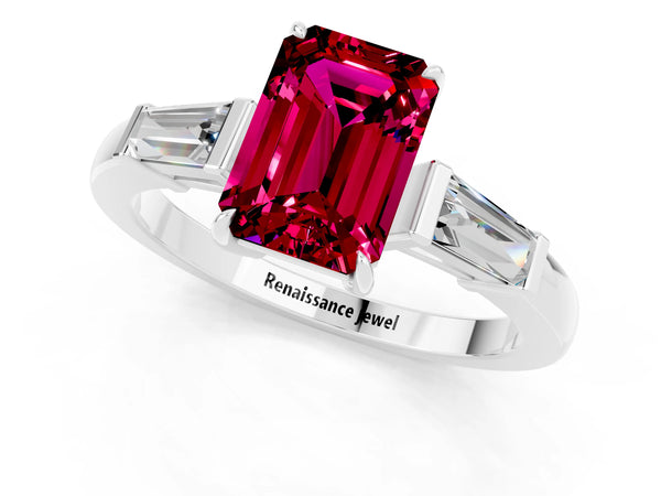 Silver Emerald Cut Garnet Three-Stone Ring with Tapered Baguette Side Stones and Prong Setting