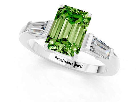 White gold Emerald Cut Cut Diamond Ring with Tapered Baguette Side Stones in Four-Prong Setting_1