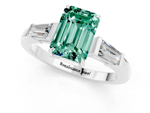 White gold Emerald Cut Cut Diamond Ring with Tapered Baguette Side Stones in Four-Prong Setting_1