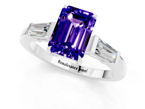 Silver Emerald Cut Tanzanite Three-Stone Ring with Tapered Baguette Side Stones and Prong Setting