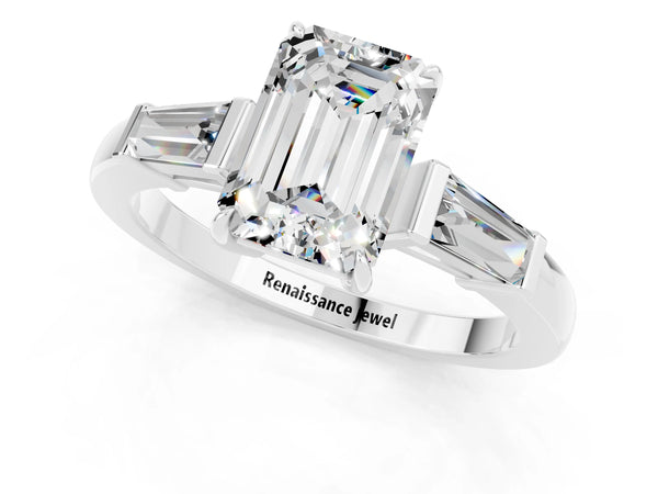 White gold Emerald Cut Moissanite Three-Stone Ring with Tapered Baguette Side Stones and Prong Setting