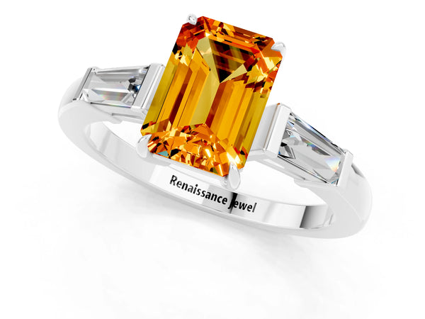 Silver Emerald Cut Citrine Three-Stone Ring with Tapered Baguette Side Stones and Prong Setting