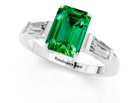 White gold Emerald Cut Cut Diamond Ring with Tapered Baguette Side Stones in Four-Prong Setting_1