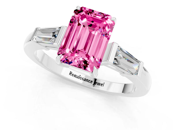 Silver Emerald Cut Pink Sapphire Three-Stone Ring with Tapered Baguette Side Stones and Prong Setting