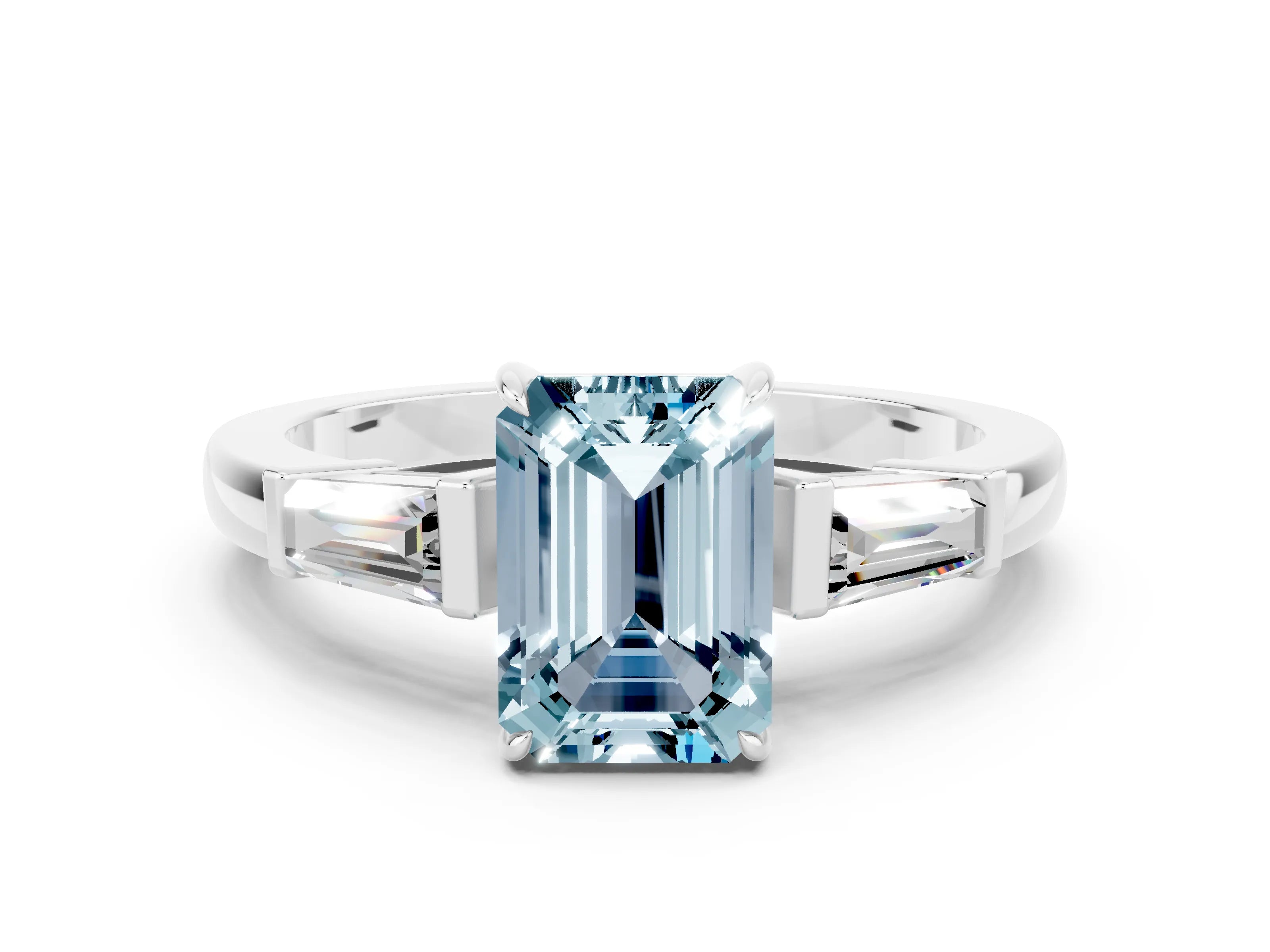 White gold Emerald Cut Cut Diamond Ring with Tapered Baguette Side Stones in Four-Prong Setting