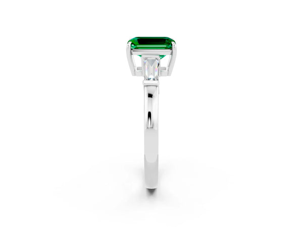 Silver Emerald Cut Emerald Three-Stone Ring with Tapered Baguette Side Stones and Prong Setting