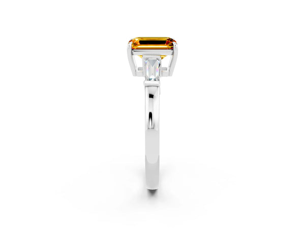 Platinum Emerald Cut Citrine Three-Stone Ring with Tapered Baguette Side Stones and Prong Setting