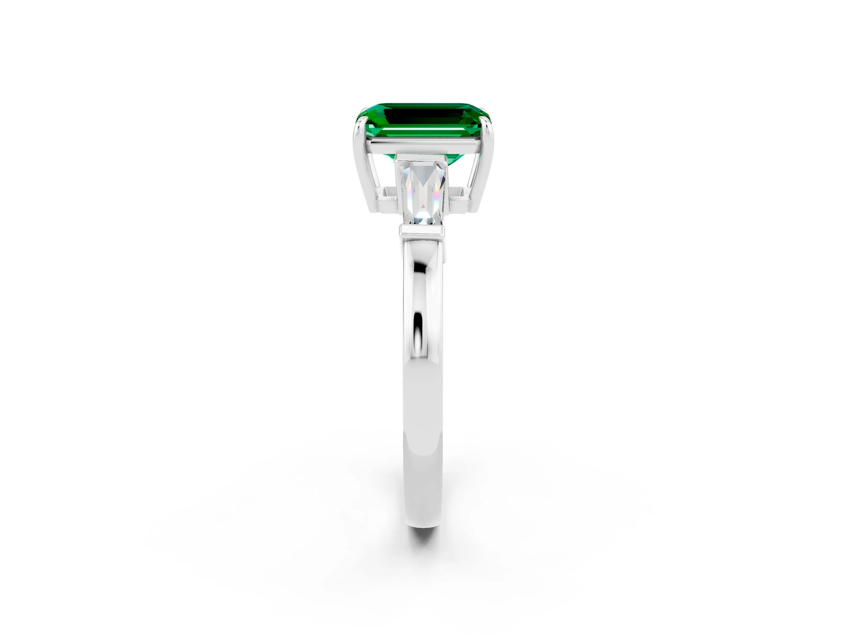 White gold Emerald Cut Cut Diamond Ring with Tapered Baguette Side Stones in Four-Prong Setting_2