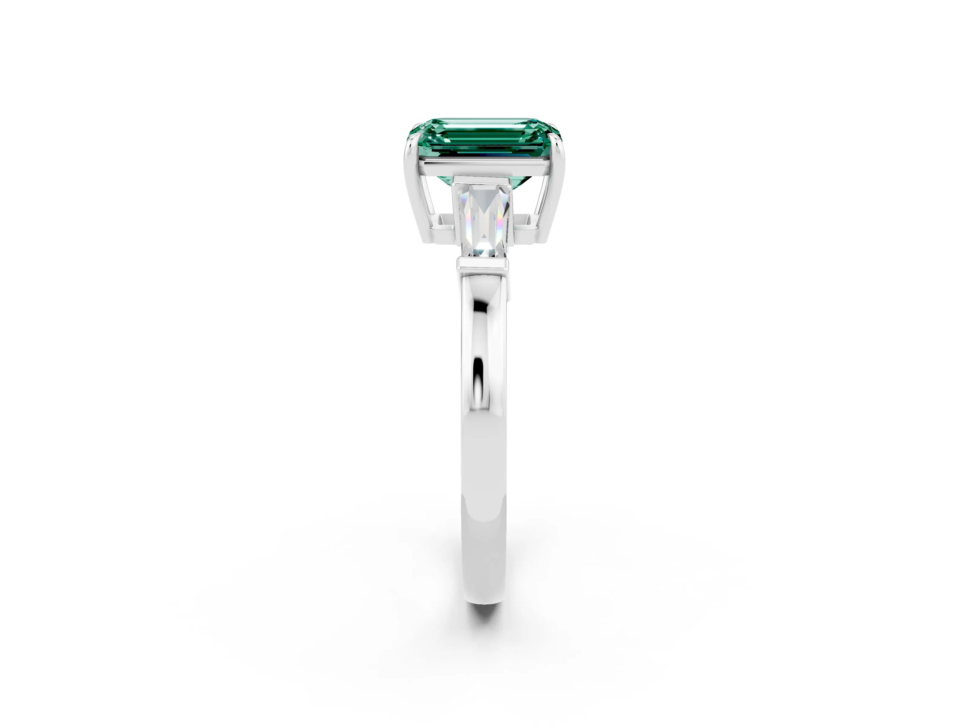 White gold Emerald Cut Cut Diamond Ring with Tapered Baguette Side Stones in Four-Prong Setting_2