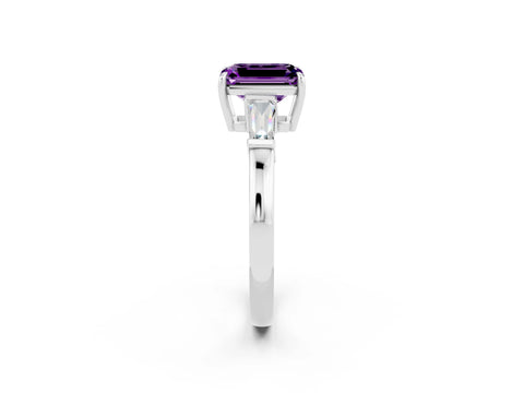 White gold Emerald Cut Cut Diamond Ring with Tapered Baguette Side Stones in Four-Prong Setting_2