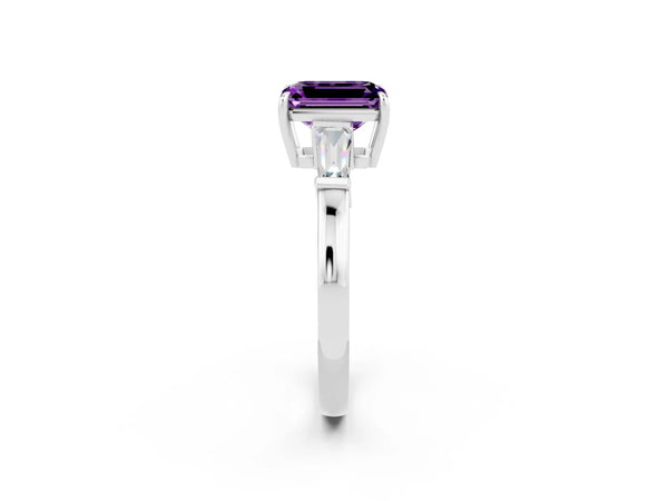 Platinum Emerald Cut Amethyst Three-Stone Ring with Tapered Baguette Side Stones and Prong Setting