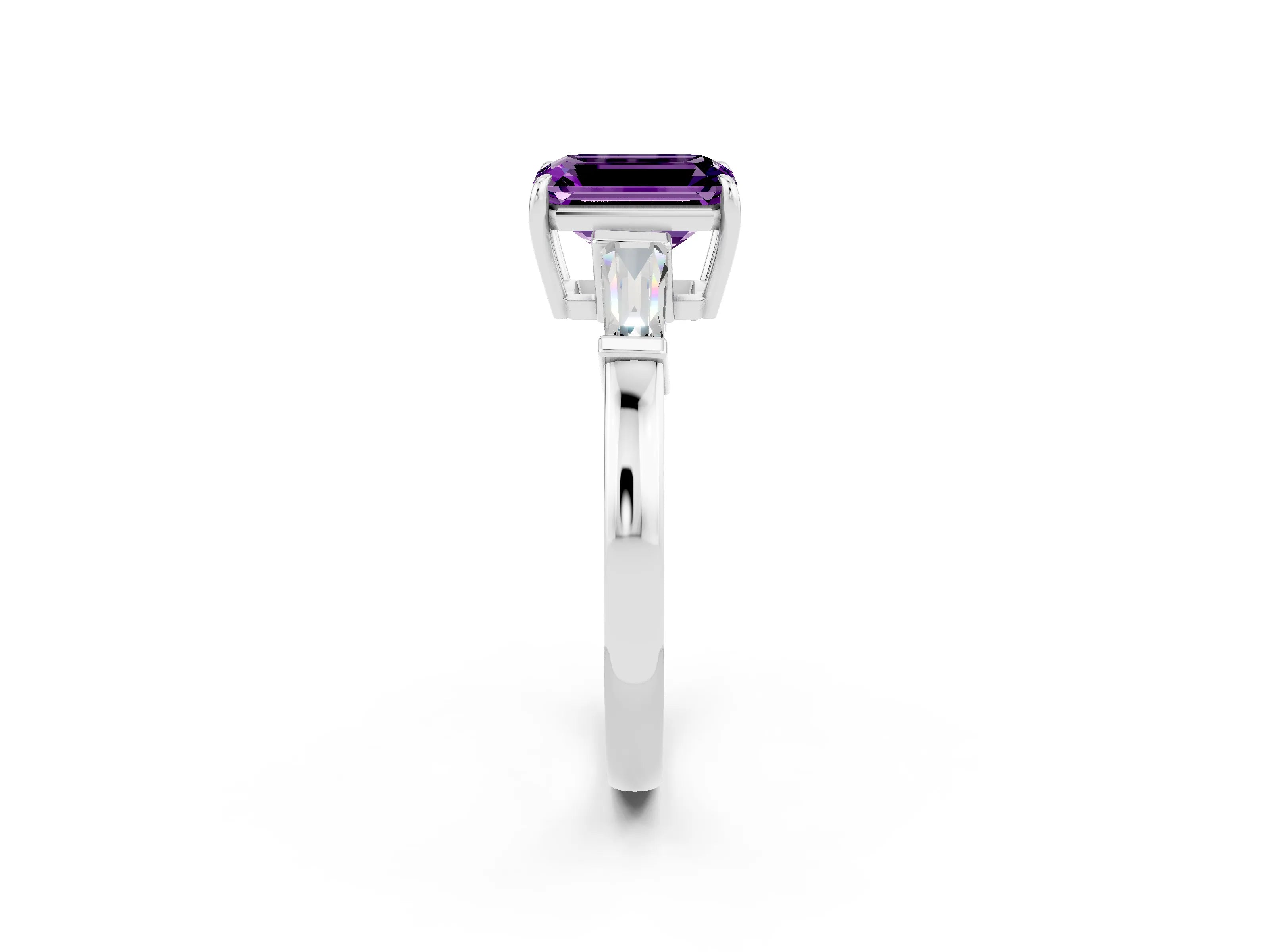 White gold Emerald Cut Cut Diamond Ring with Tapered Baguette Side Stones in Four-Prong Setting_2