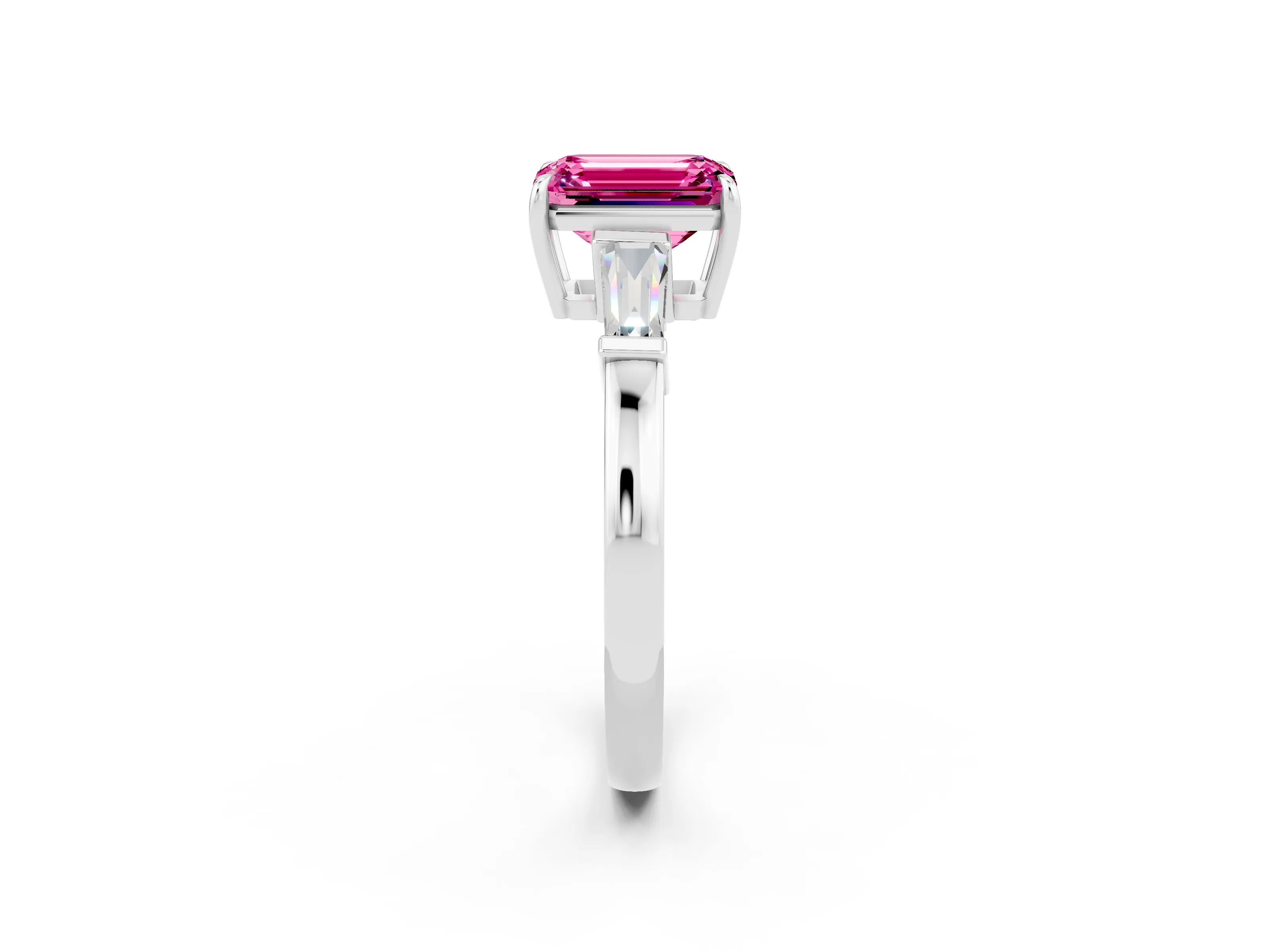 White gold Emerald Cut Cut Diamond Ring with Tapered Baguette Side Stones in Four-Prong Setting_2