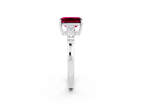 Silver Emerald Cut Garnet Three-Stone Ring with Tapered Baguette Side Stones and Prong Setting