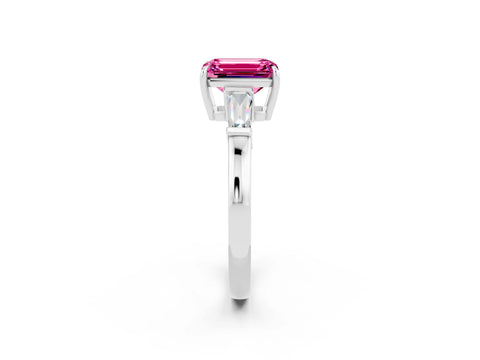 White gold Emerald Cut Cut Diamond Ring with Tapered Baguette Side Stones in Four-Prong Setting_2