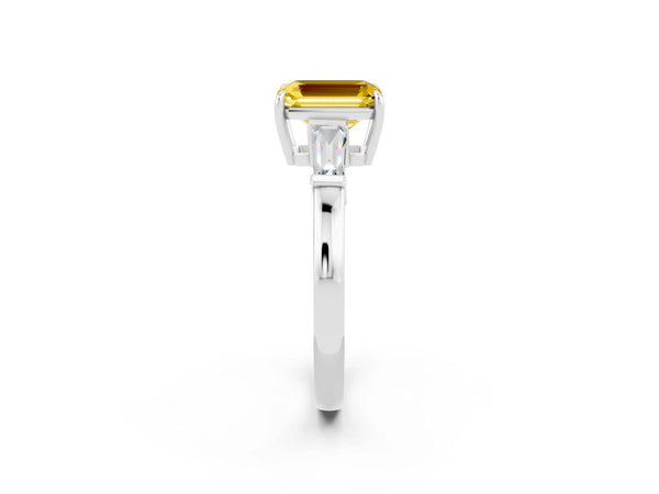 Silver Emerald Cut Yellow Sapphire Three-Stone Ring with Tapered Baguette Side Stones and Prong Setting