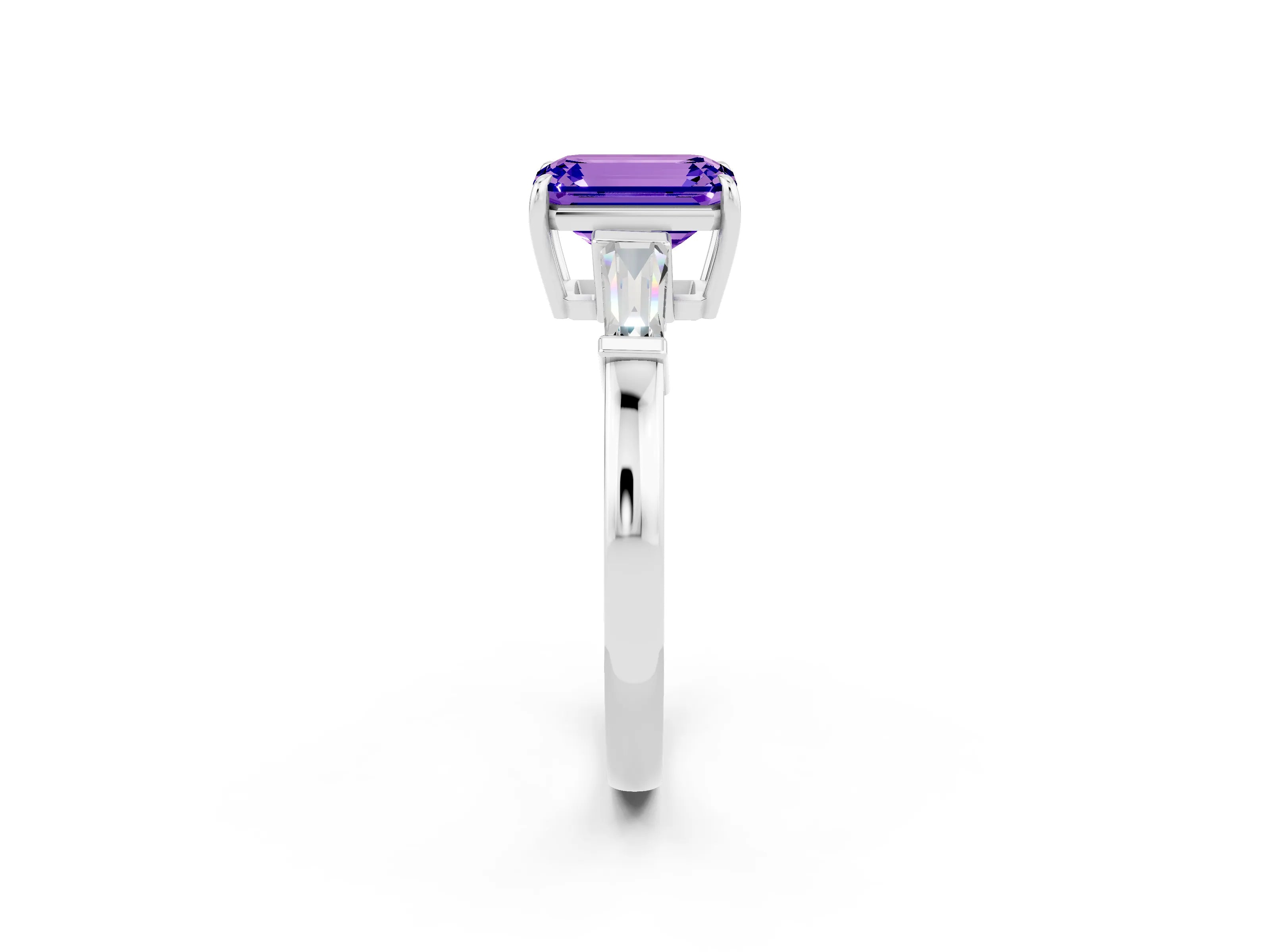 White gold Emerald Cut Cut Diamond Ring with Tapered Baguette Side Stones in Four-Prong Setting_2