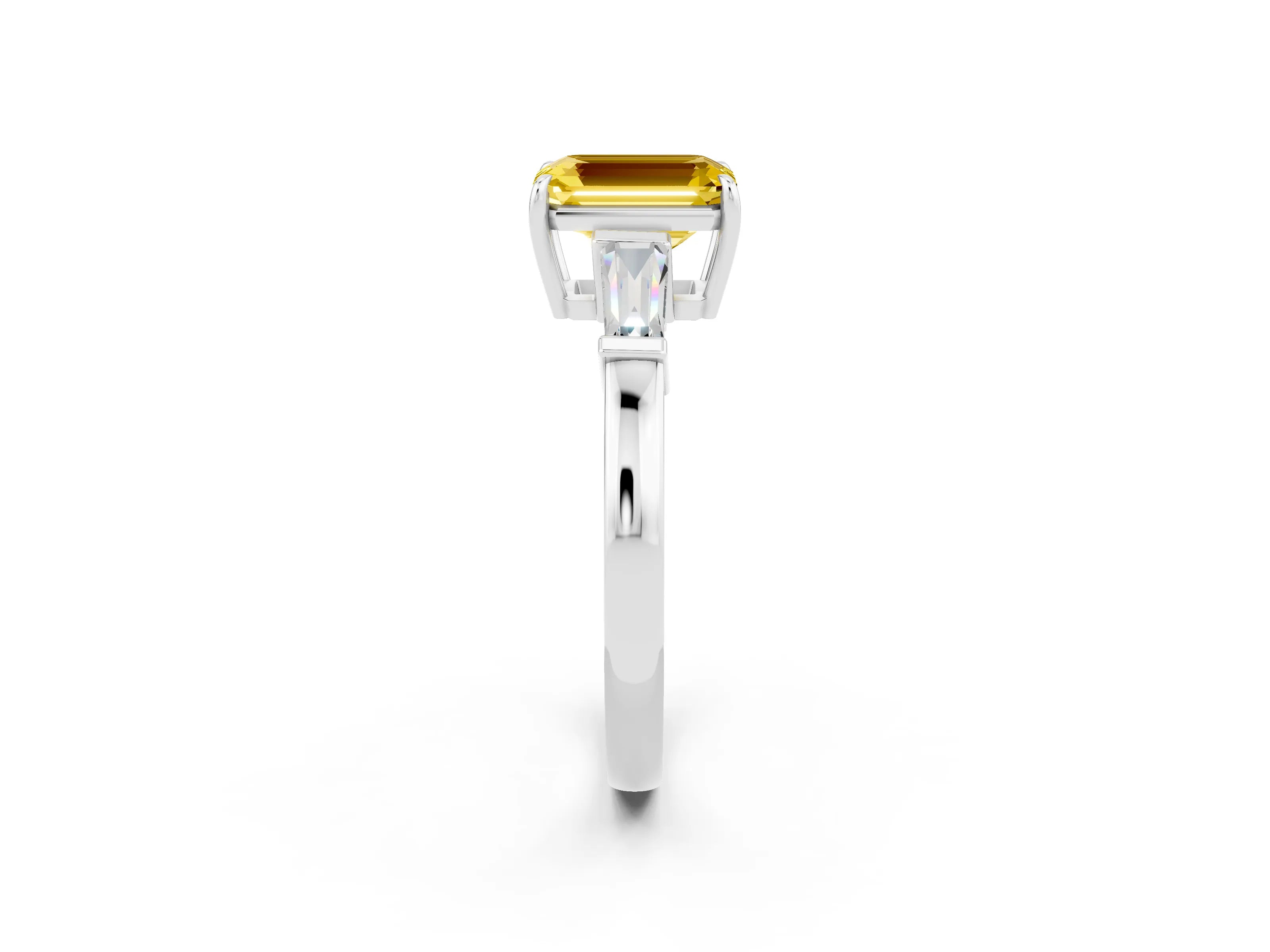 White gold Emerald Cut Cut Diamond Ring with Tapered Baguette Side Stones in Four-Prong Setting_2