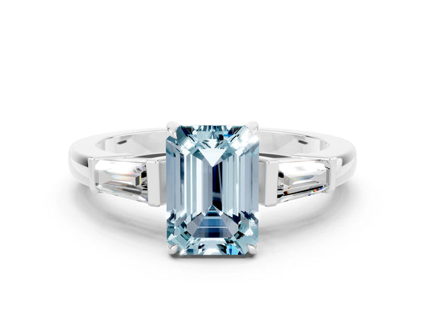Silver Emerald Cut Aquamarine Three-Stone Ring with Tapered Baguette Side Stones and Prong Setting