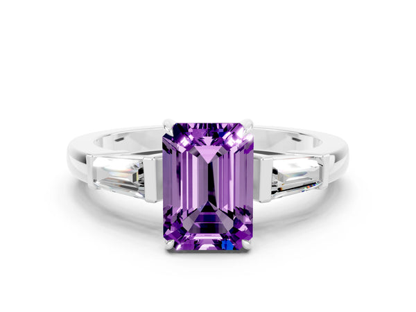 Platinum Emerald Cut Amethyst Three-Stone Ring with Tapered Baguette Side Stones and Prong Setting
