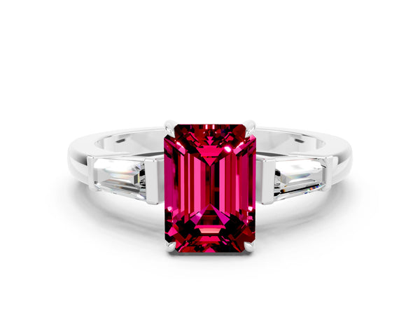 Platinum Emerald Cut Garnet Three-Stone Ring with Tapered Baguette Side Stones and Prong Setting