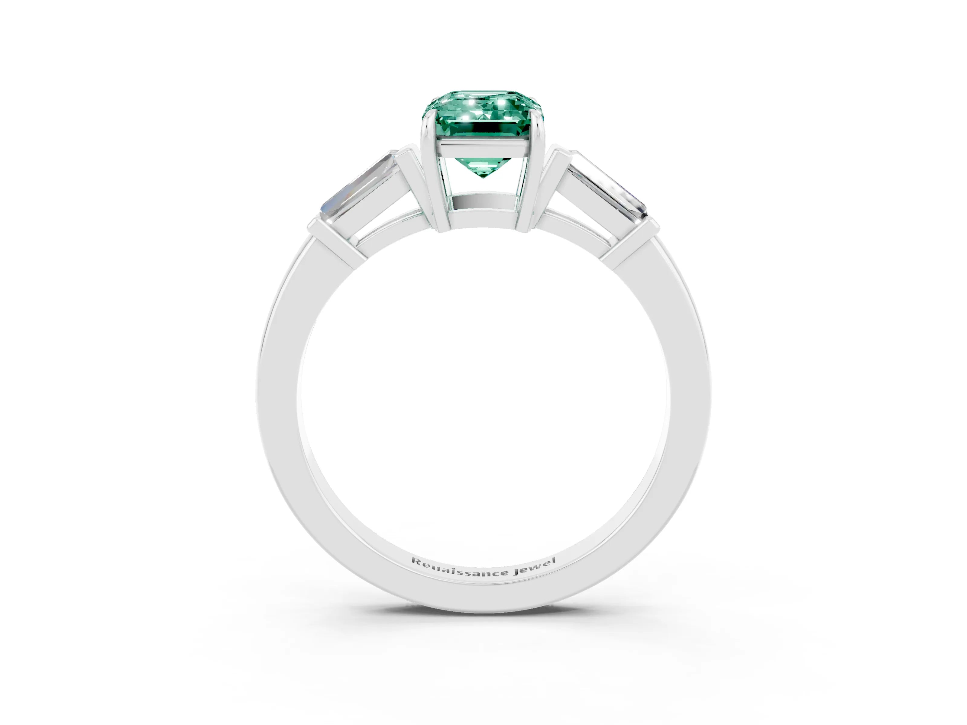 White gold Emerald Cut Cut Diamond Ring with Tapered Baguette Side Stones in Four-Prong Setting_3
