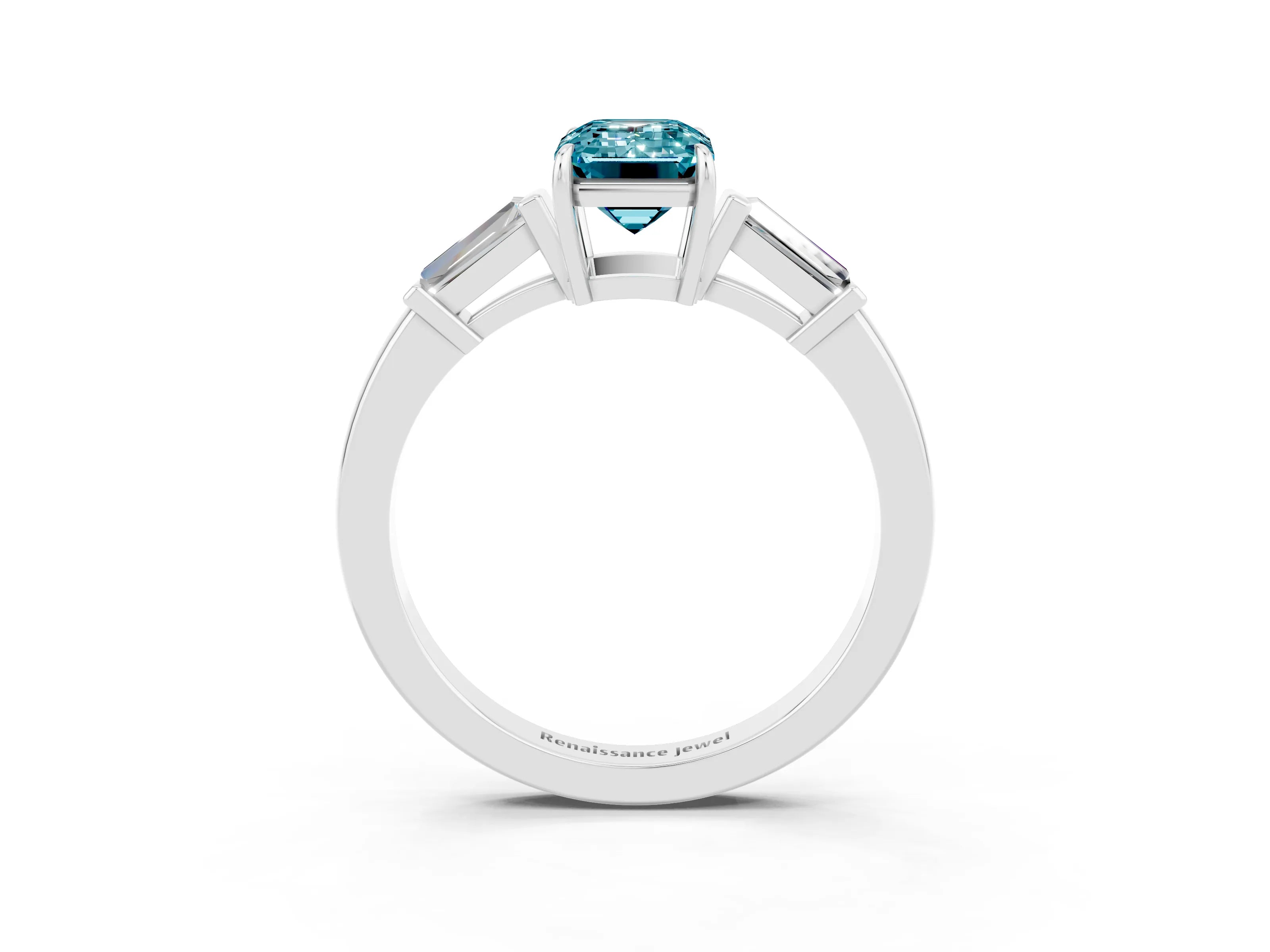 White gold Emerald Cut Cut Diamond Ring with Tapered Baguette Side Stones in Four-Prong Setting_3