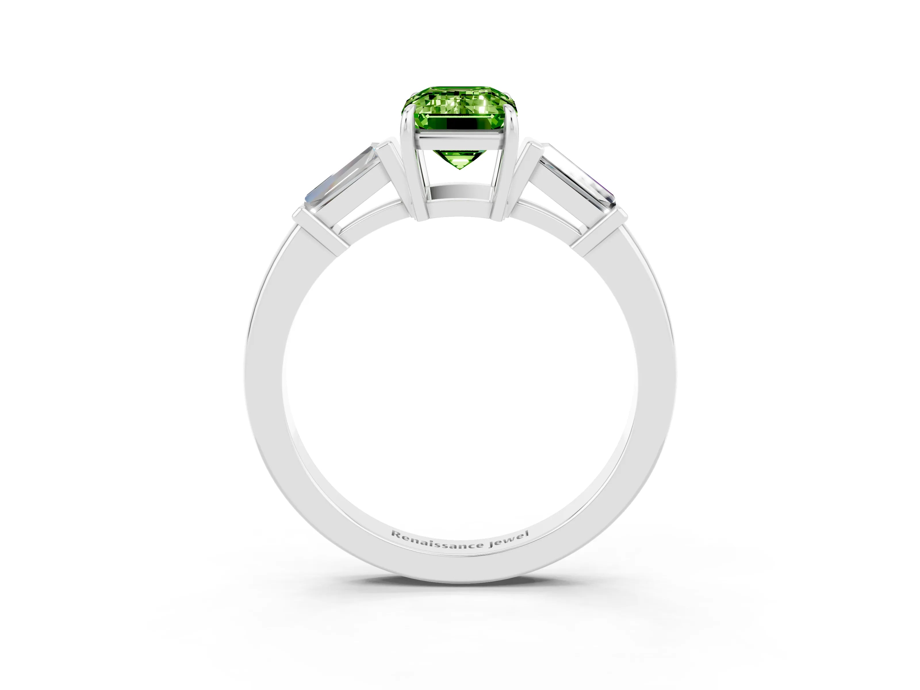 White gold Emerald Cut Cut Diamond Ring with Tapered Baguette Side Stones in Four-Prong Setting_3