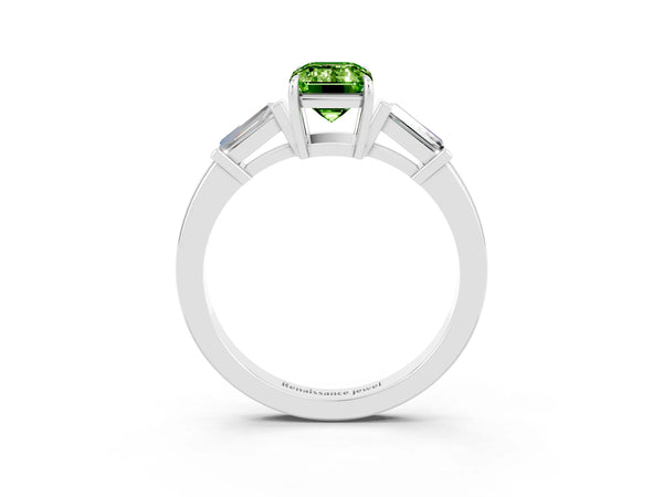 Silver Emerald Cut Cut Diamond Ring with Tapered Baguette Side Stones in Four-Prong Setting